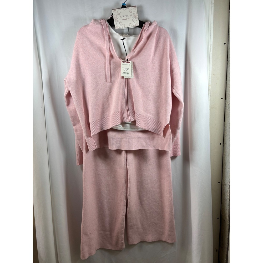 Pink Rose Womens 3 Piece Knit Lounge Set Pink Zip Hoodie Tank Wide Leg Pants L